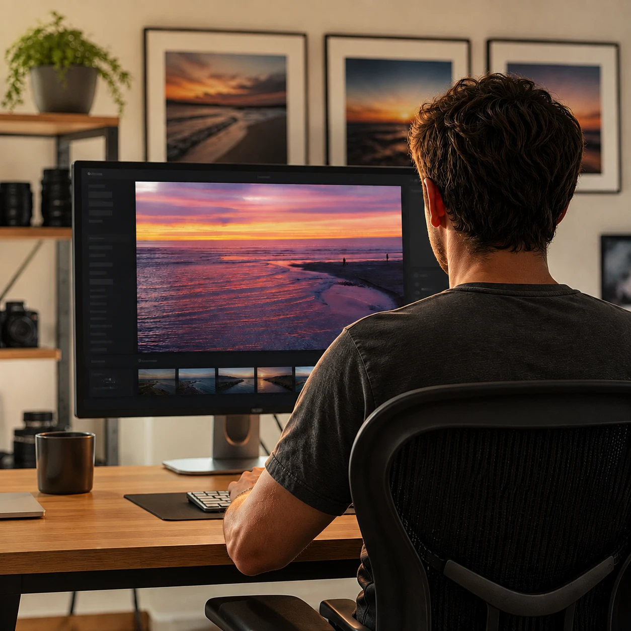 An operator viewed from behind using a dark-mode photo browser displaying the Del Mar Dog Beach sunset