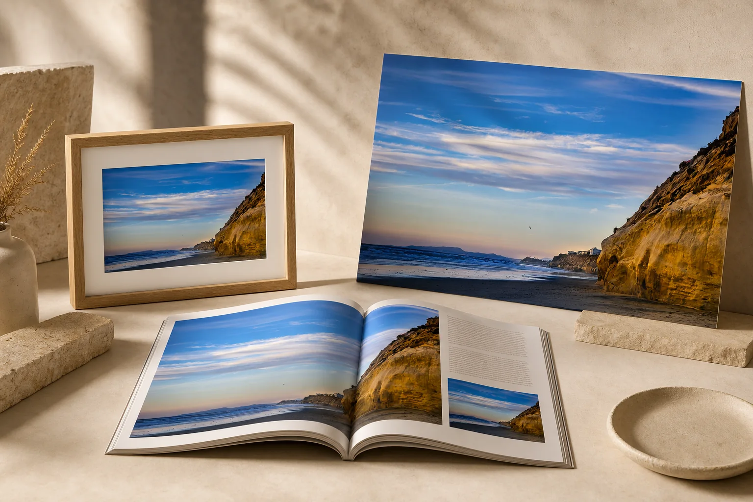 One beach photograph shown as a print, editorial spread, and commercial display
