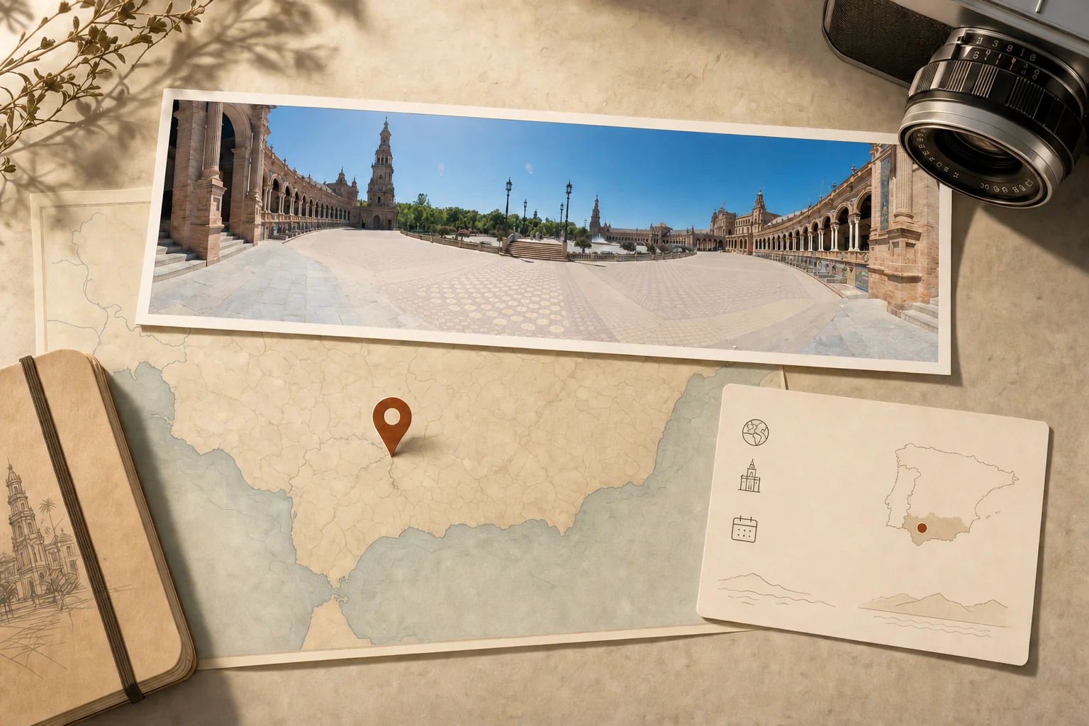 A Plaza de España panorama arranged with a regional map, notebook, and camera