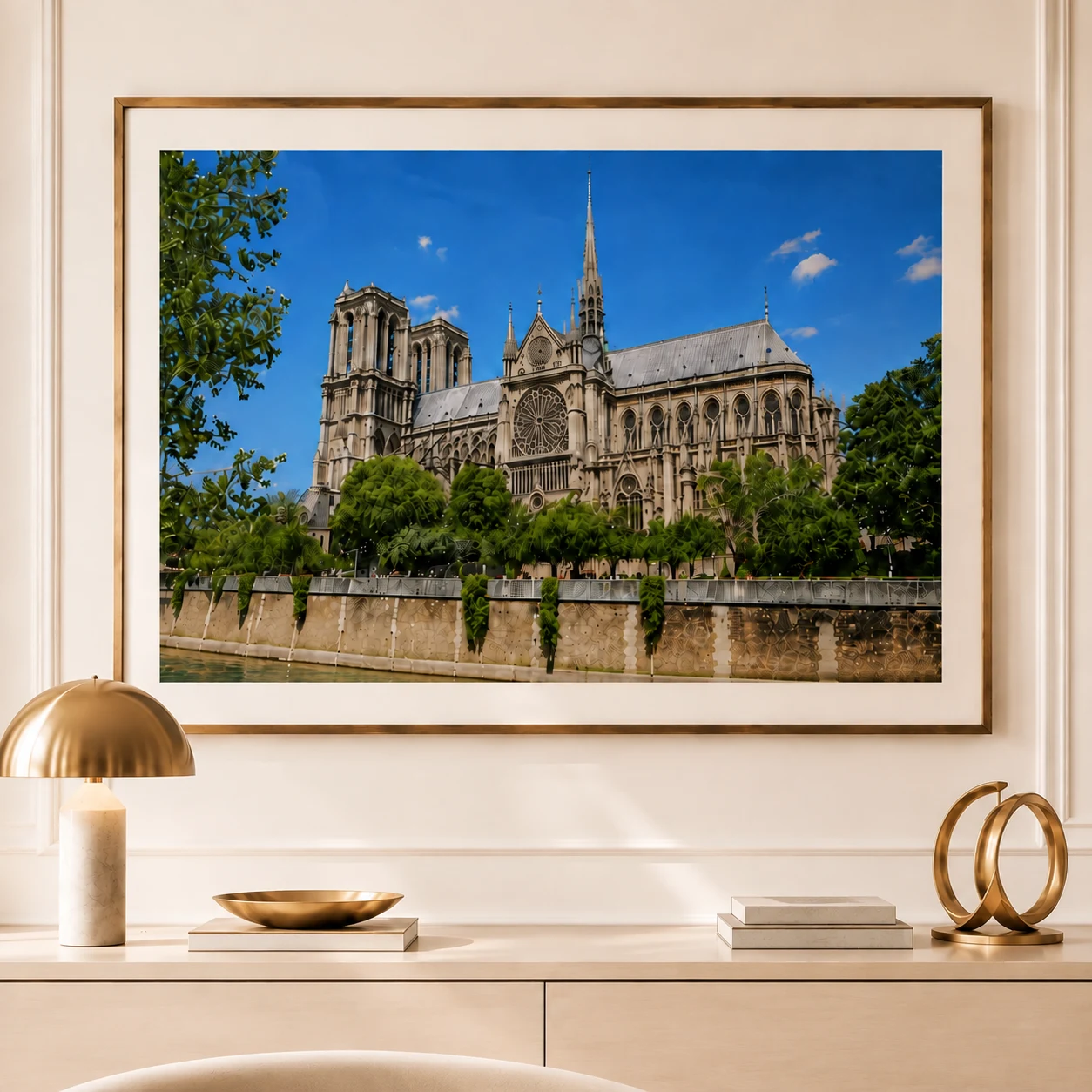 A large framed Notre-Dame photograph above a light wood credenza